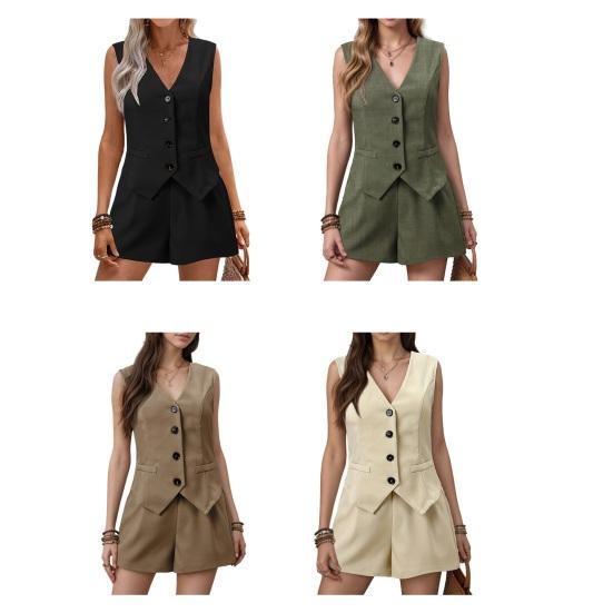 Damen Sommer 2-teilige Outfits Ärmellose Knopfleiste Blazer Weste Shorts Passendes Set Lässiges Büro Business Anzug Sets