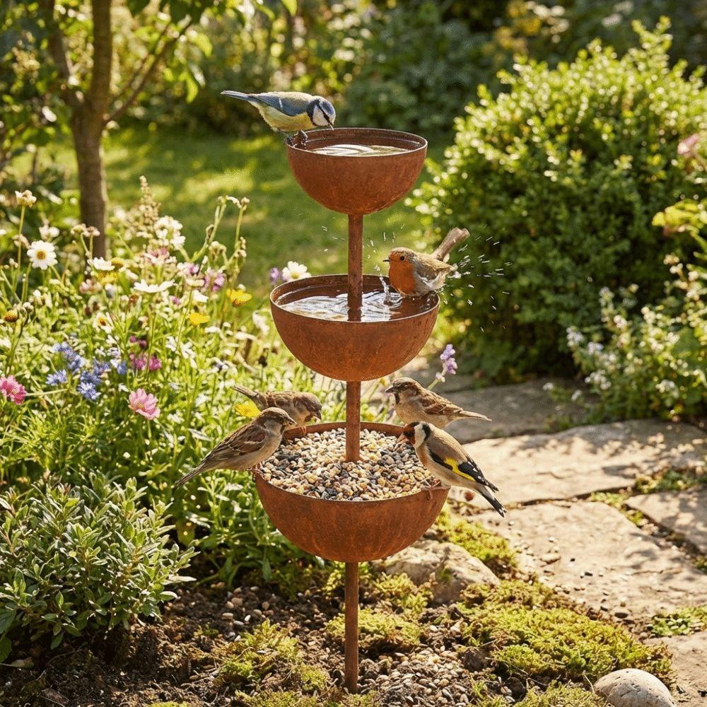 3-Tier Bowl Metal Bird Bath Rusted Bird Feeding Station Garden Rain Catcher Patio Backyard