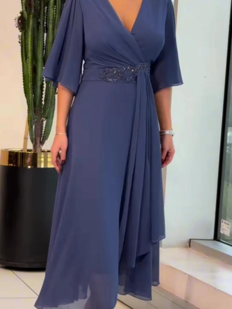 Women's New Style V-Neck Ruffled Dress Fashion Solid Color Long Dress Gentle