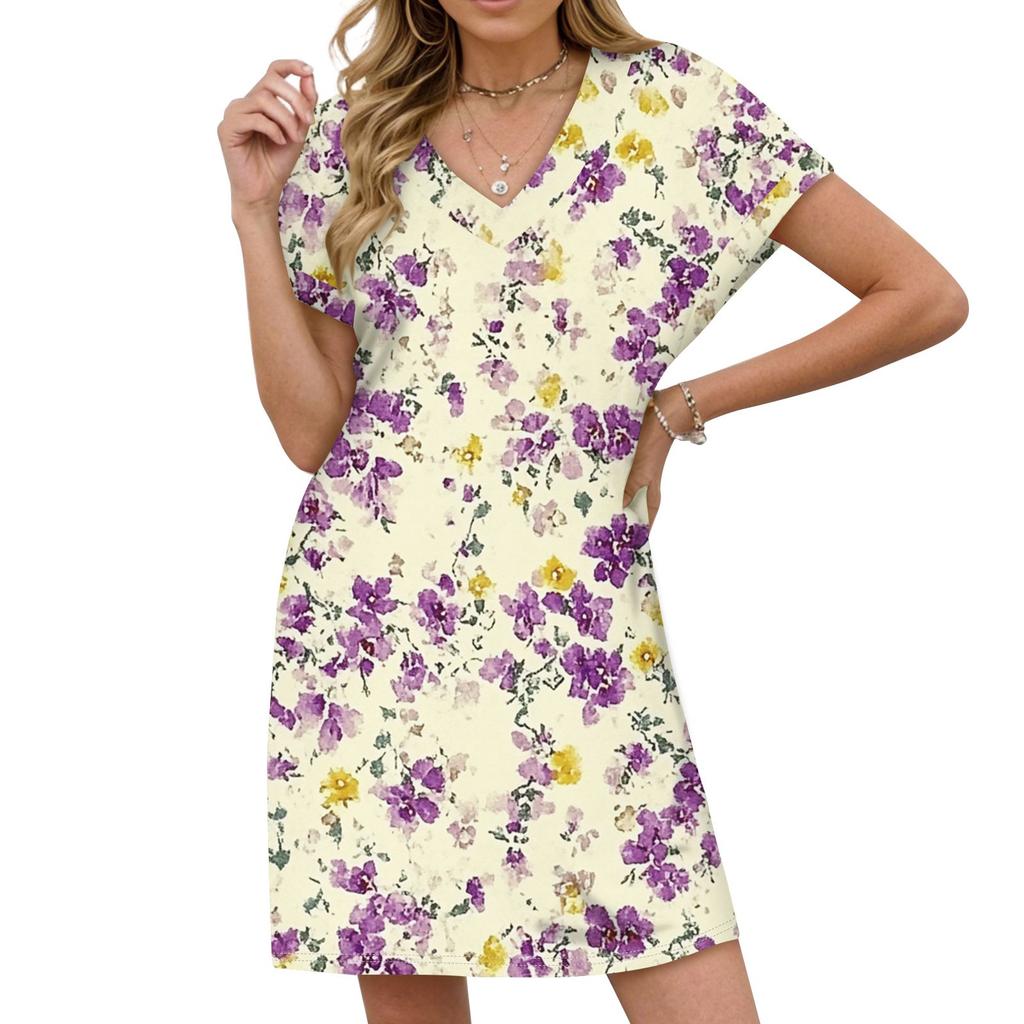 Women's Casual Fashion Sexy V-Neck Cap Sleeves Pocket Floral Dress