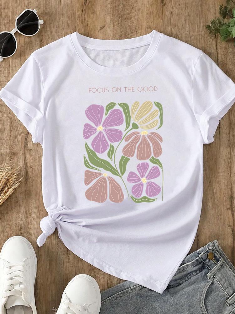 (Asian Size) sweet plant flower Print O-neck Short Sleeve T-shirts Fashion  Casual Women's Top T Female Clothing  Graphic Tee