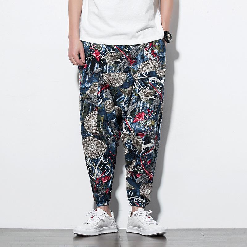2026 Spring Men's Chinese-Style Cotton Linen Harem Pants - Printed Hip Hop Trousers