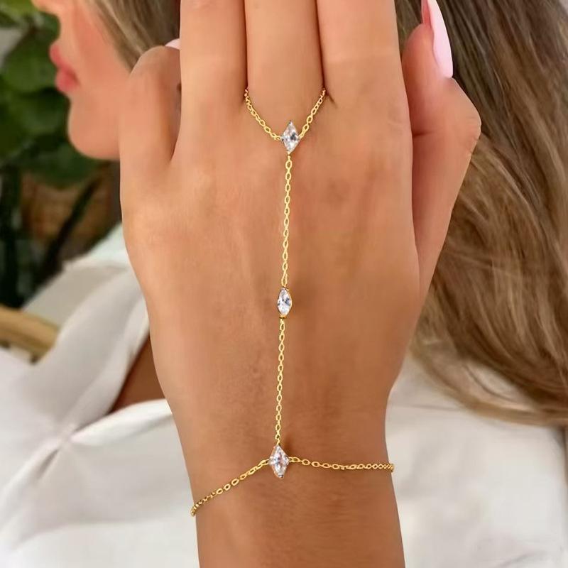 Vintage Rhombus Zircon Finger Chain for Women Dainty Copper Hand Bracelet Linked Ring Geometric Gold Jewelry