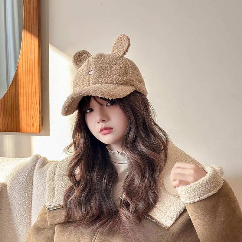 Hat for Women In Autumn and Winter Hairy Thickened Warm Baseball Cap Rabbit Ears Cute Versatile Embroidered Korean Style Baseball Cap