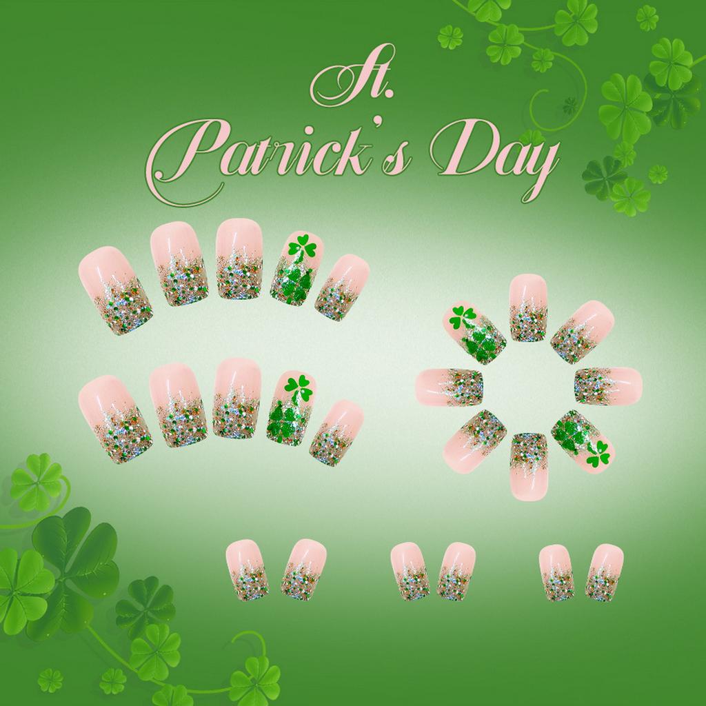 Green Glitter French Clover Artificial Nails 24 Pieces Short Matte False Nails For Daily Use