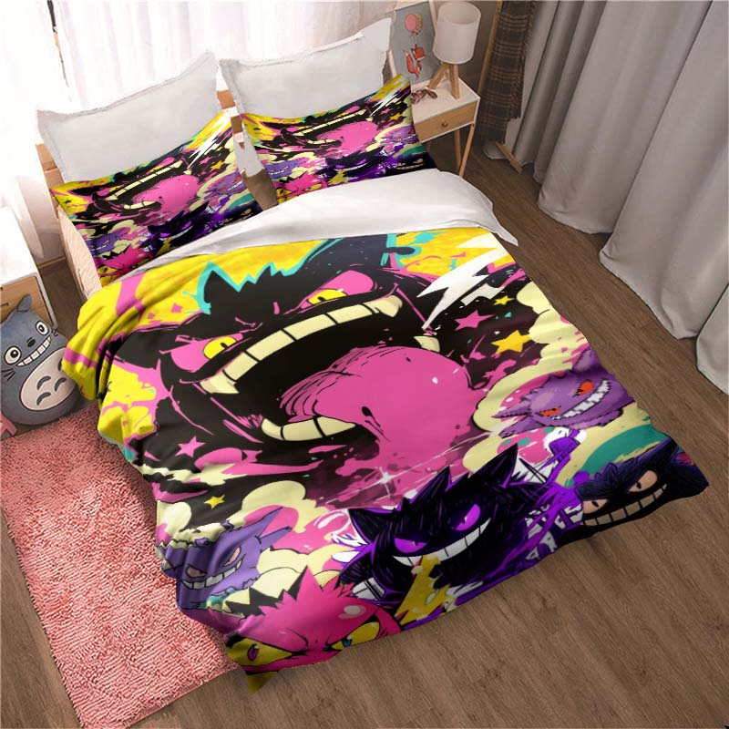 3D Cartoon Gengar 3-Piece Bedding Set — Includes Duvet Cover and Pillowcases. Ideal for Bedroom Decor and Children's Gifts; Suit