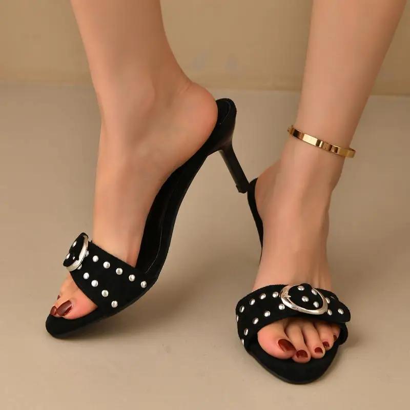 Punk Silver Metal Buckle Decoration Black Sandals Women 2025 Summer Rivet Straps High Heels Slides Sexy Slip On Slippers