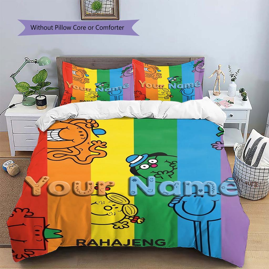 Mr. Men Little Miss Custom Name Pattern Bedding,Quilt Set Quilt Cover Pillowcase Home Birthday Gift(1 * duvet cover + 2 * pillowcase, without core)