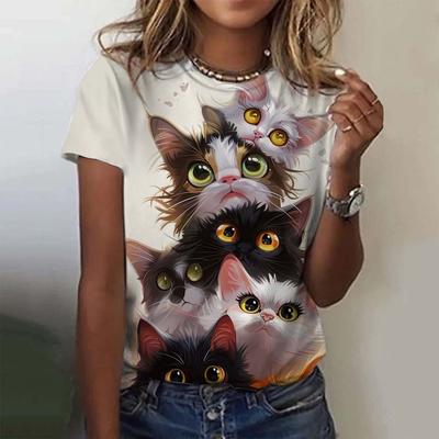 Damen T-Shirt für Mädchen Niedliches Katzenmuster 3D-Druck Oberteile Sommer Kurzarm Freizeit T-Shirts