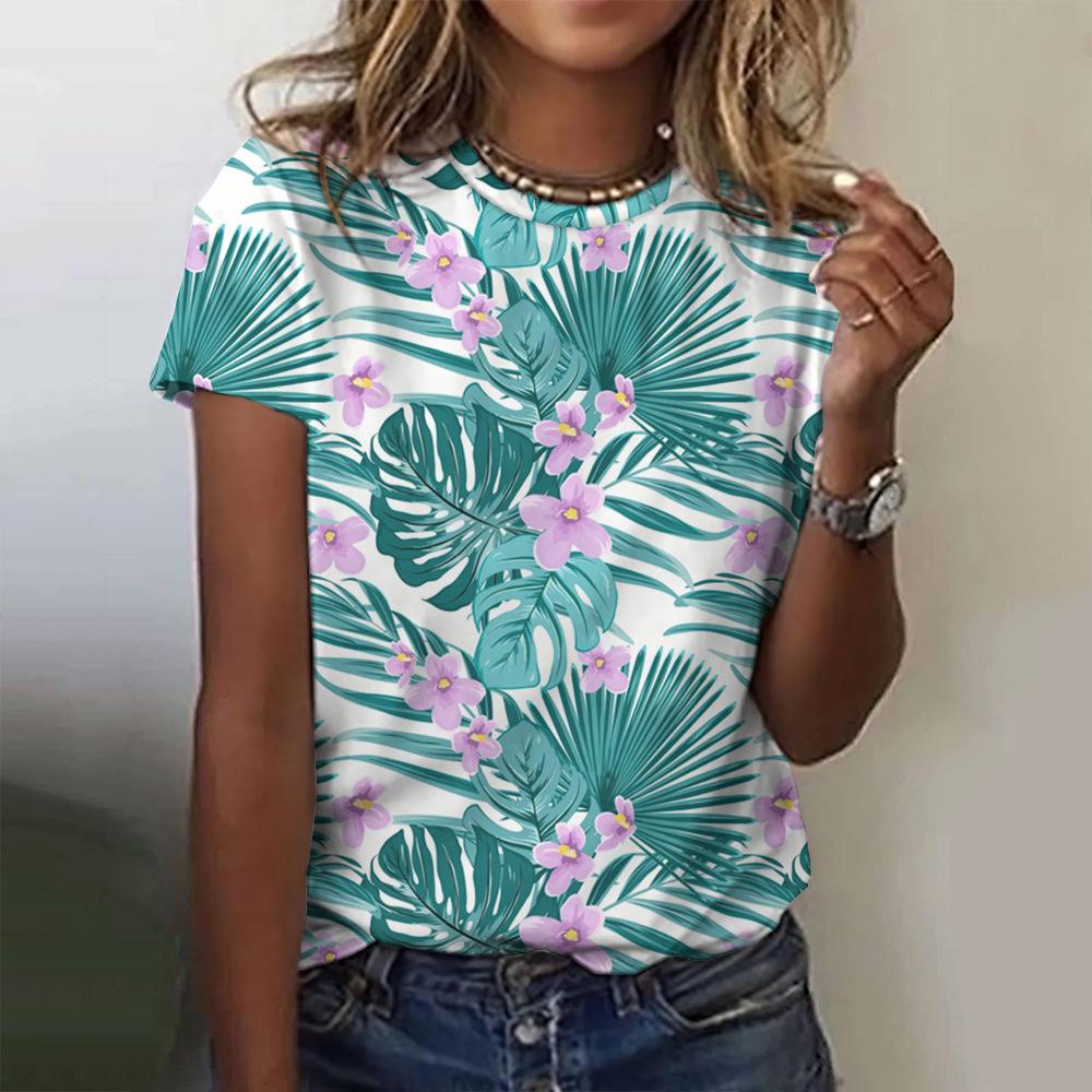 Round Neck 3D Tropical Floral Printed Casual Short Sleeved Women's T-shirts - Soft Medium Stretch Polyester Fabric Summer Relaxed Fit Clothing