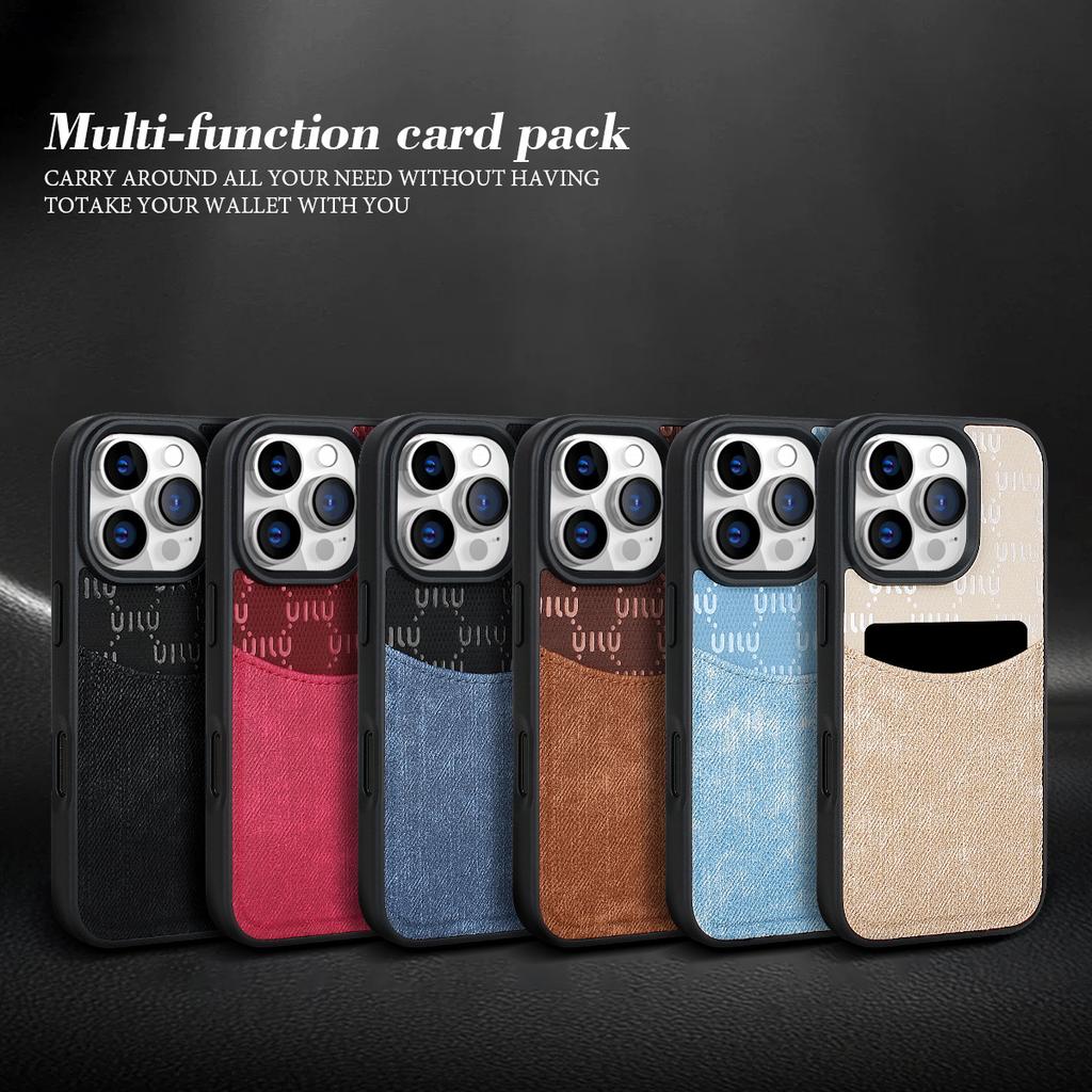 Denim Style Phone Case for Apple iPhone 17 Pro Max - Card Holder Shockproof Denim Fabric Silicone Cover on iPhone