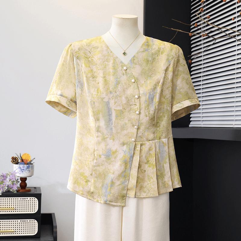 Yuzhaolin Women s Summer V-Neck Pearl Button T-Shirt 5XL