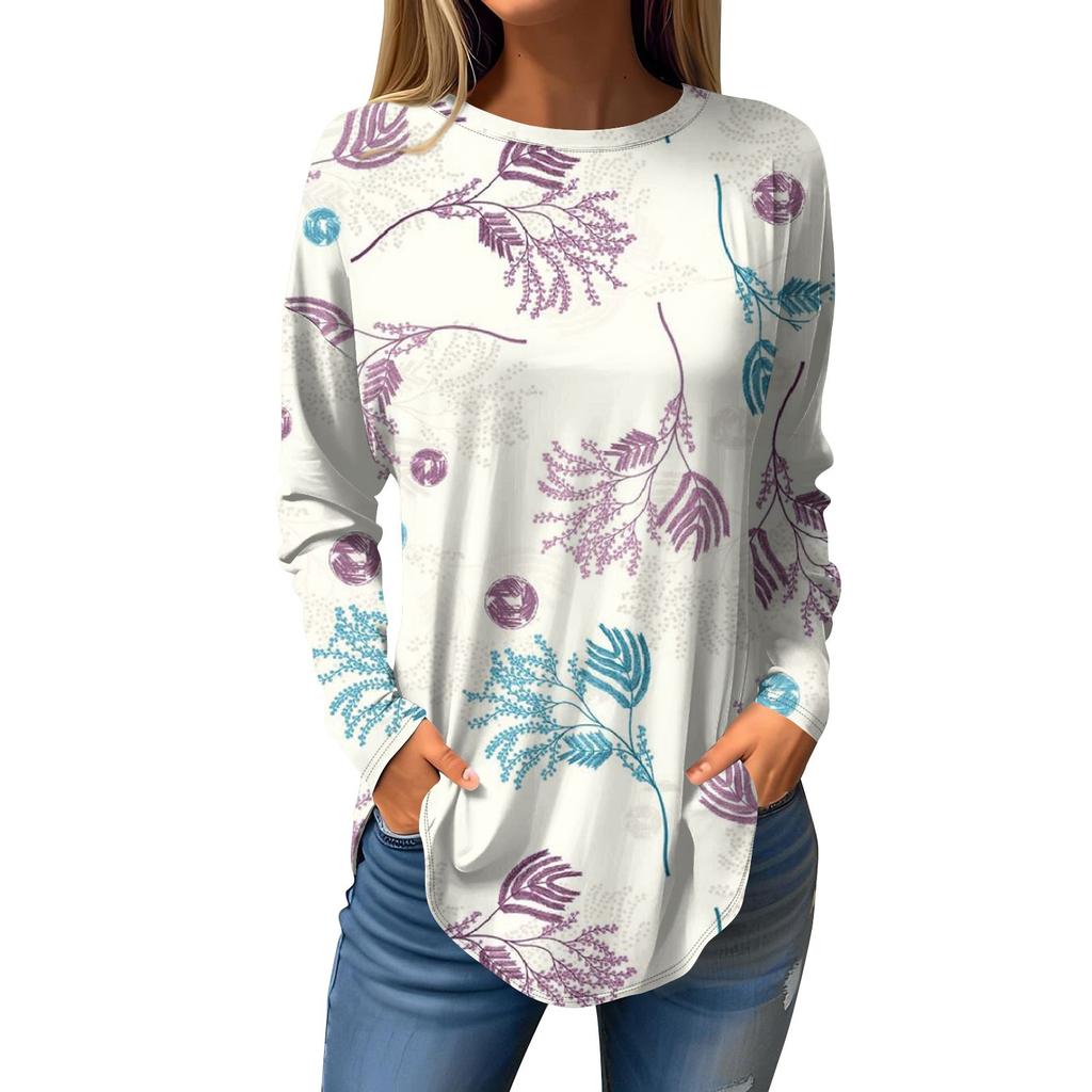 Women's Fashion Casual Round Neck Floral Long Sleeve T-shirt Pullover Long Sleeve Top