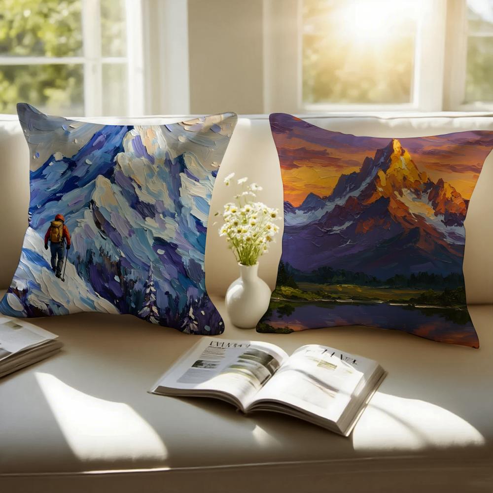 M-Mountain Landscape Pillow Art Decor Cushion Cushion Cover Pillowcase Anti-Dustmite Invisible Zipper Short Plush Sofa Cushion