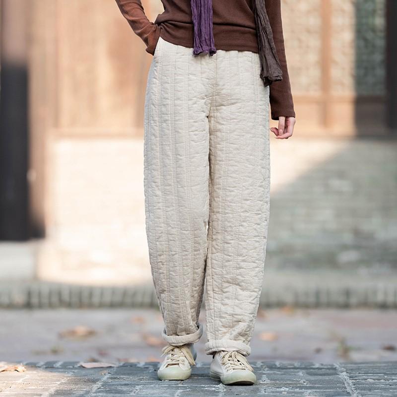 Johnature Women Vintage Warm Straight Pants Plus Cotton Winter Linen Trouser Elastic Waist Solid Color Women Soft Pants