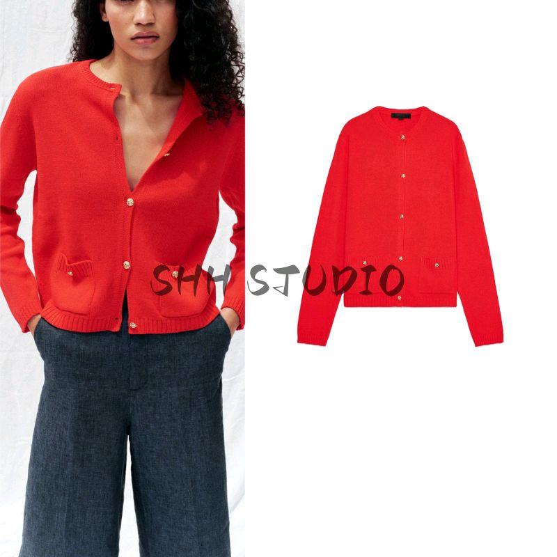 Summer New Women clothes Rib Decorative Layer Golden Breasted round Neck Long sleeve Simple Knitted Outerwear 6427048