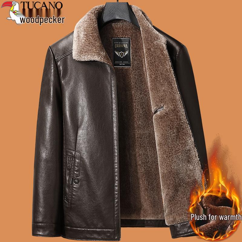 Woodpecker 2025 Men's Plus Velvet Thick Leather Jacket - Winter Outerwear for Middle-aged and Elderly