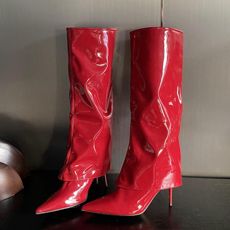 Fashion Eilyken Winter Pointed Toe Patent Leather Women Knee High Boots Street Style Thin  High Heels Long Booties Party Ladies Shoes