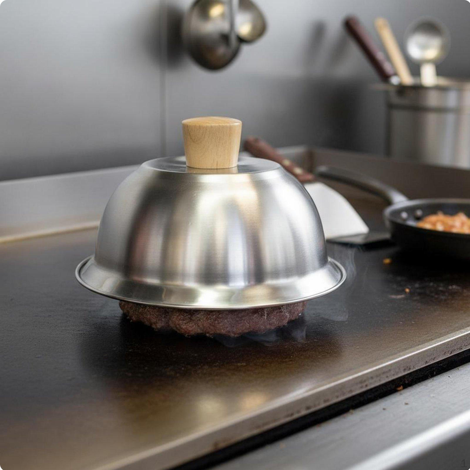Stainless Steel Burger Cover Versatile Cheese Melting Dome HeatResistant Handle Griddle Steaming 20CM