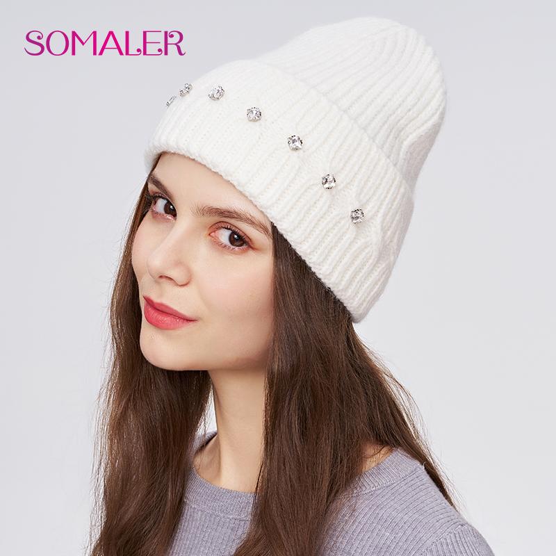 

SOMALER Зимові шапки для жінок Товста тепла вовняна в язана шапка біні зі стразами Жіноча мода Однотонні кольори Вулична шапка-біні One Size білий