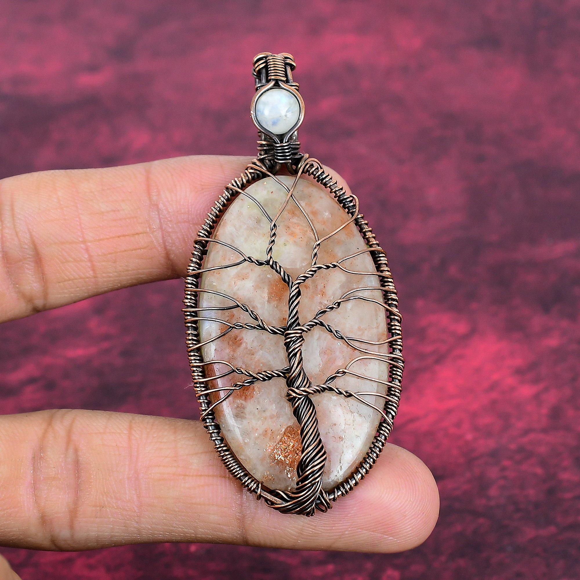 Tree Of Life Sunstone Gemstone Pendant Copper Wire Wrapped Moonstone Jewelry