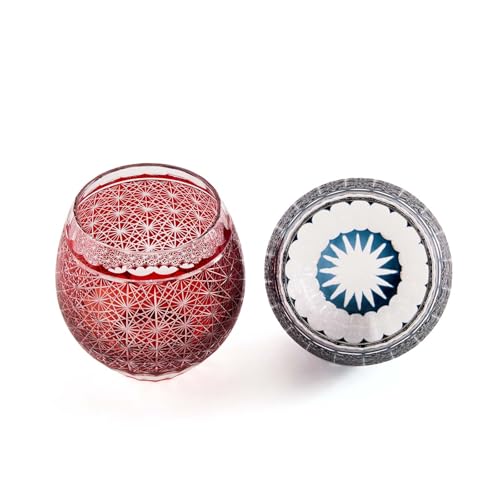LUGUFON Kiriko Glasses, Pair of Rocks Glasses with a Cute Chrysanthemum Pattern, Dishwasher Safe, Packed In a Paulownia Wood Box, Perfect for Cold Sak