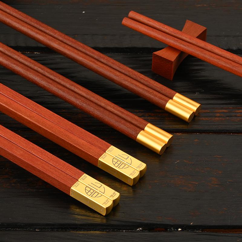 Red Sandalwood Engraved Chopsticks Gift Set (10 Pairs) - Chinese Style Business and Souvenir Box.