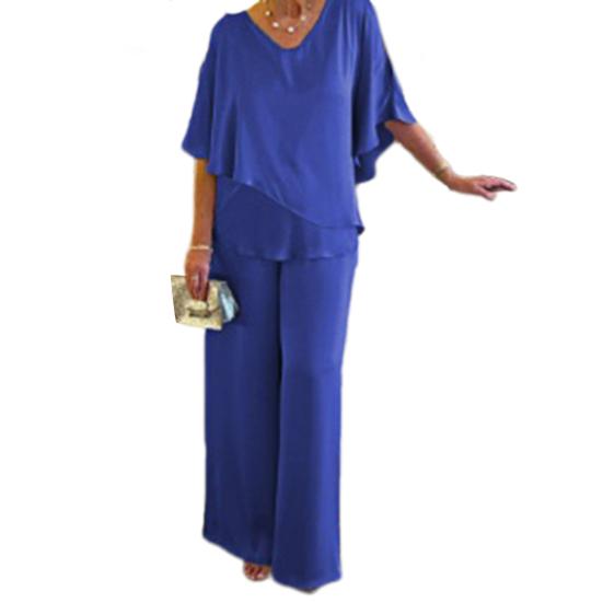 2 Pcs/Set Women Top Pants Suit V Neck Bat Sleeve Irregular Hem