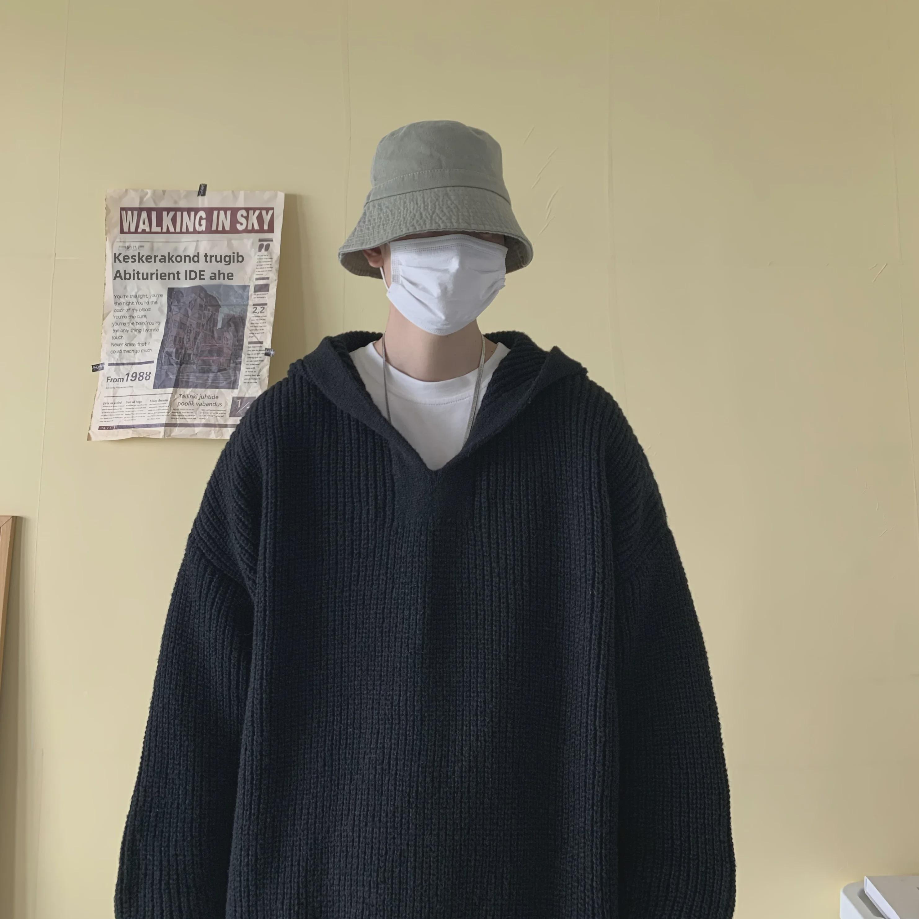 

Мужской зимний свитер с капюшоном: Корейский ретро японский стиль, толстое высококачественное осеннее модное пальто L fits 115-140 jin