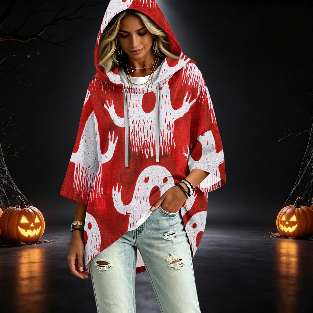 Damen Freizeit 3/4 Ärmel Halloween Print Kapuzen Pullover Top für den Herbst
