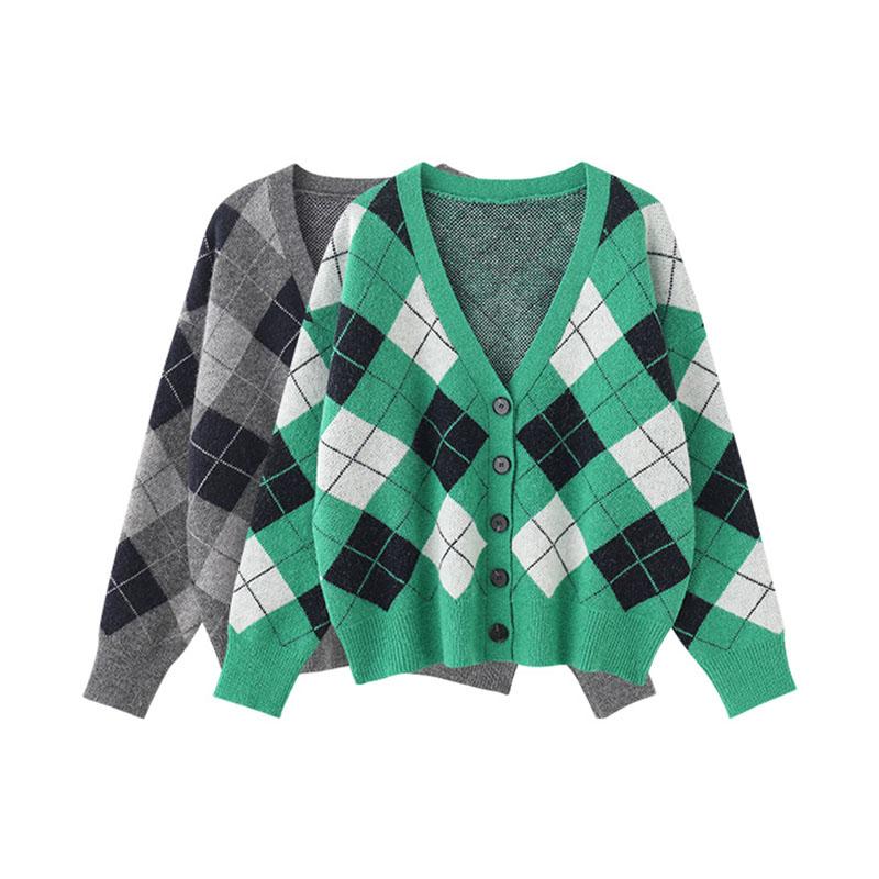 Vintage kostkovaný svetr Cardigany Dámské Oblečení 2023 Podzim Zima Single Breast Dlouhý rukáv Korejské módní topy Pull Femme C-064