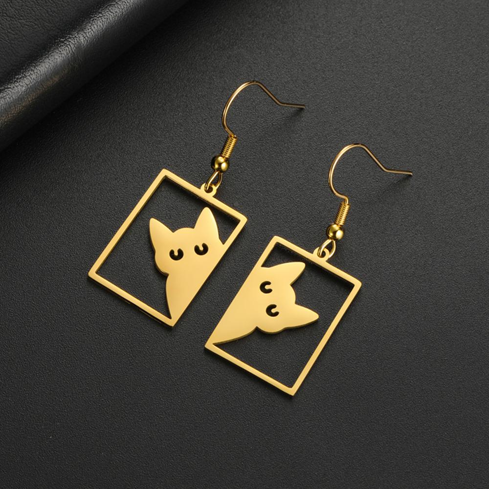 My Shape Cute Cat Earrings for Women Girls Stainless Steel Rectangle Shaped Cat Kitten Earrings Animal Fashion Jewelry Gifts
