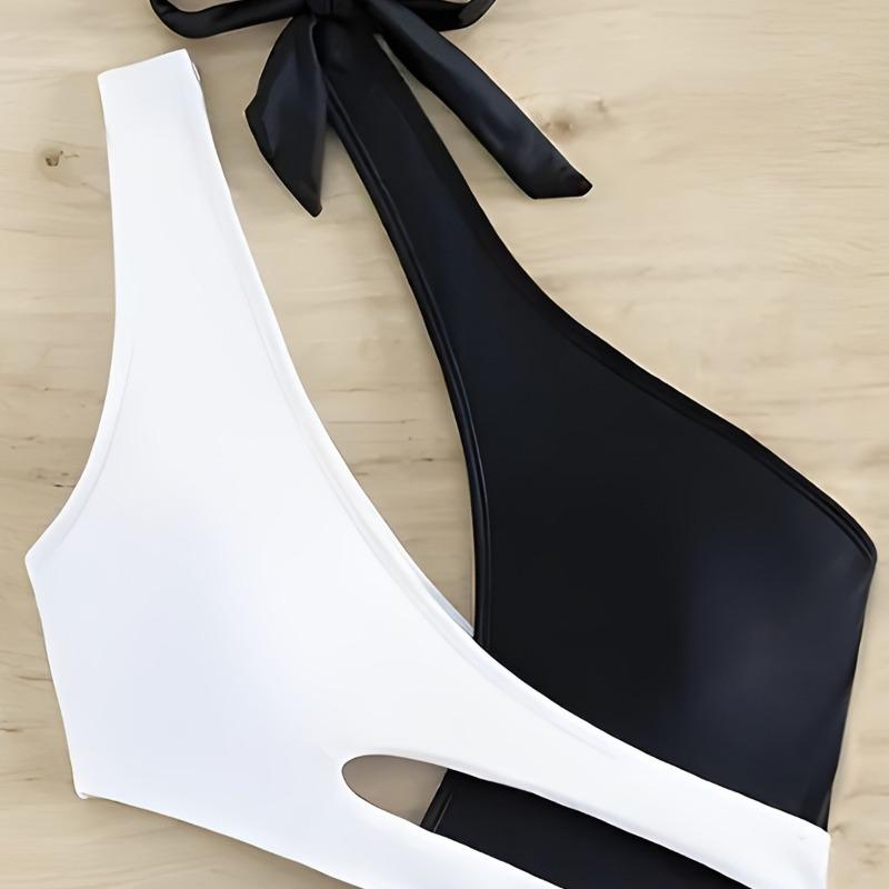 Sexy One-piece Swimsuit Onservative Color Matching Contrasting Color Single Shoulder Sloping Shoulder