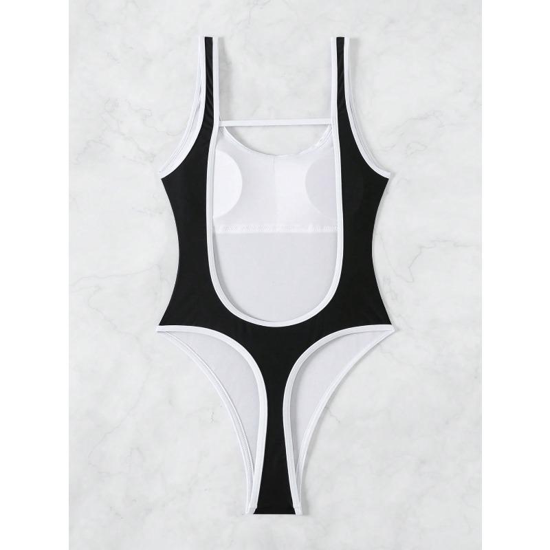 European and American New Women's Simple Contrasting Colors, Slim Body Covering Belly and Thin Bikini One-piece Competitive Swimsuit Women