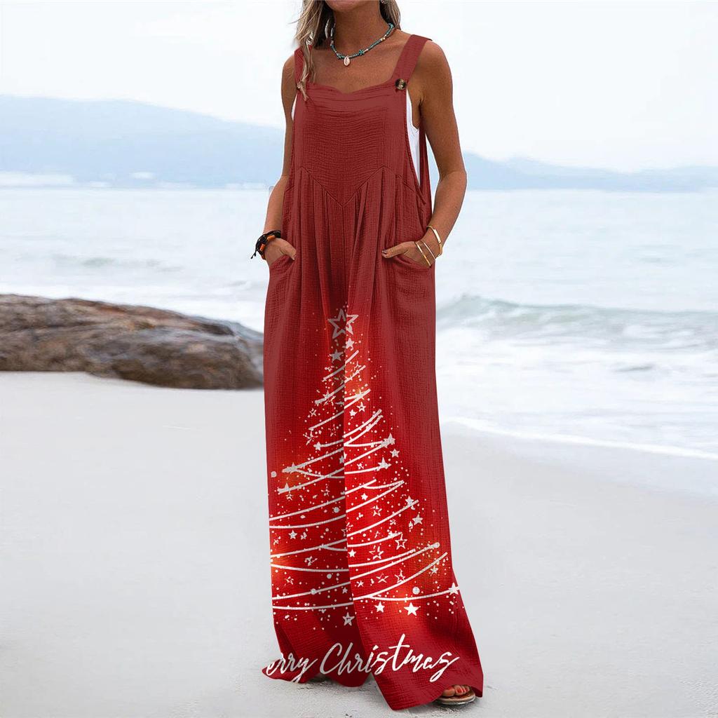 Women's Christmas Print Solid Wide Leg Strapless Tank Pocket Casual Onesie