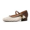 Retro soft leather hollow cool single shoes for women's new square head thick heel with skirt weaving shallow mouth Mary Jane shoes for women