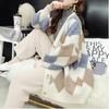 Women's Autumn Winter Diamond V-Neck Mid-Length Loose Cardigan Sweater