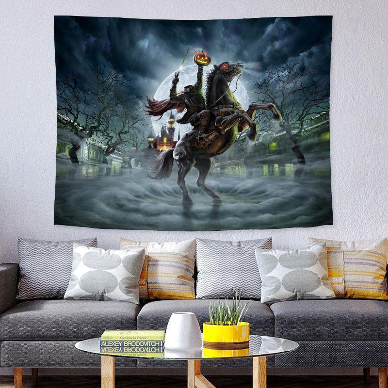 Cartoon Halloween Monster Wall Tapestry Navy Background Ghost Mummy Devil Zombie Pumpkin Grim Reaper RIP Tombstone Bat