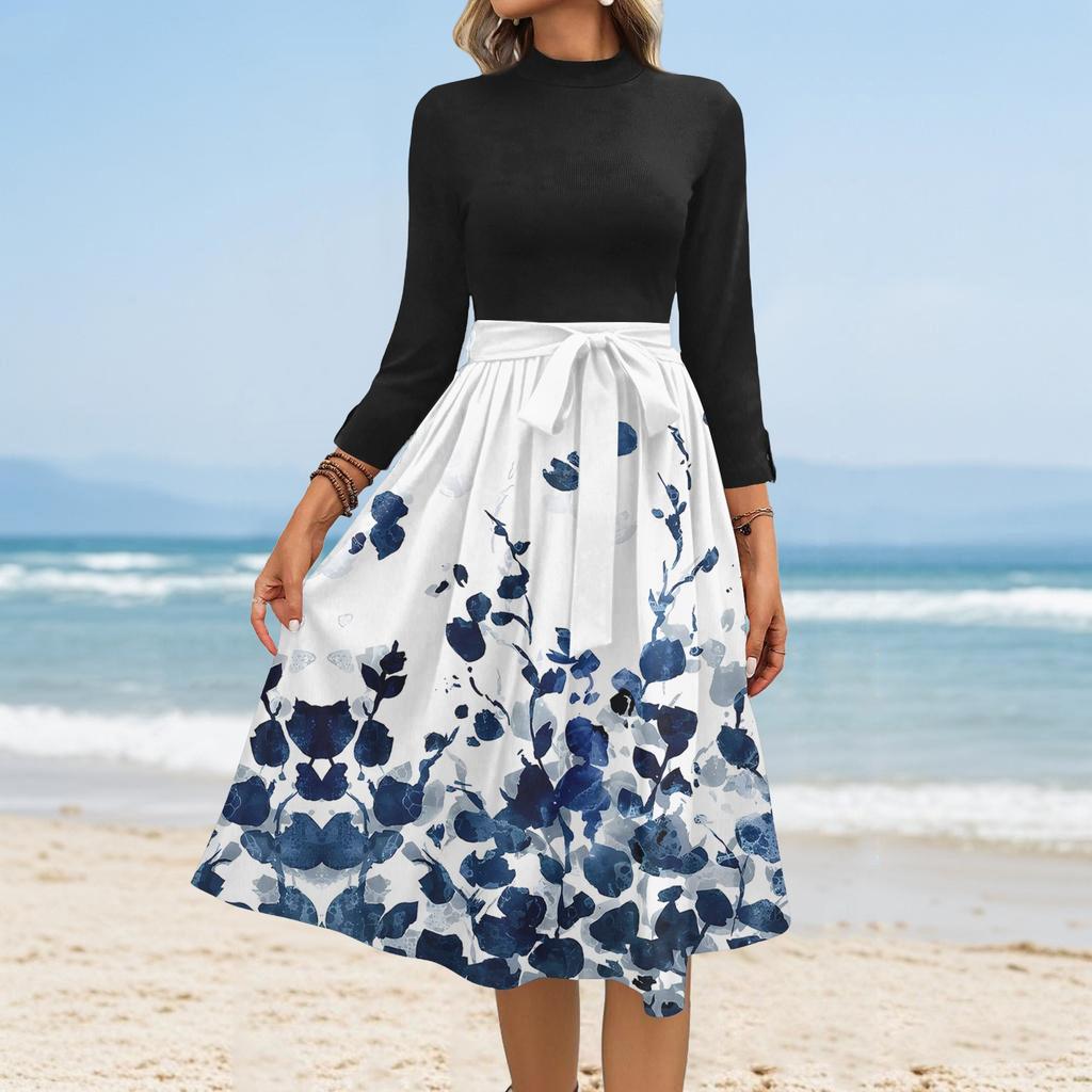 Women's Fashion Casual Belt Seven Sleeve Round Neck Floral Temperament Dresses