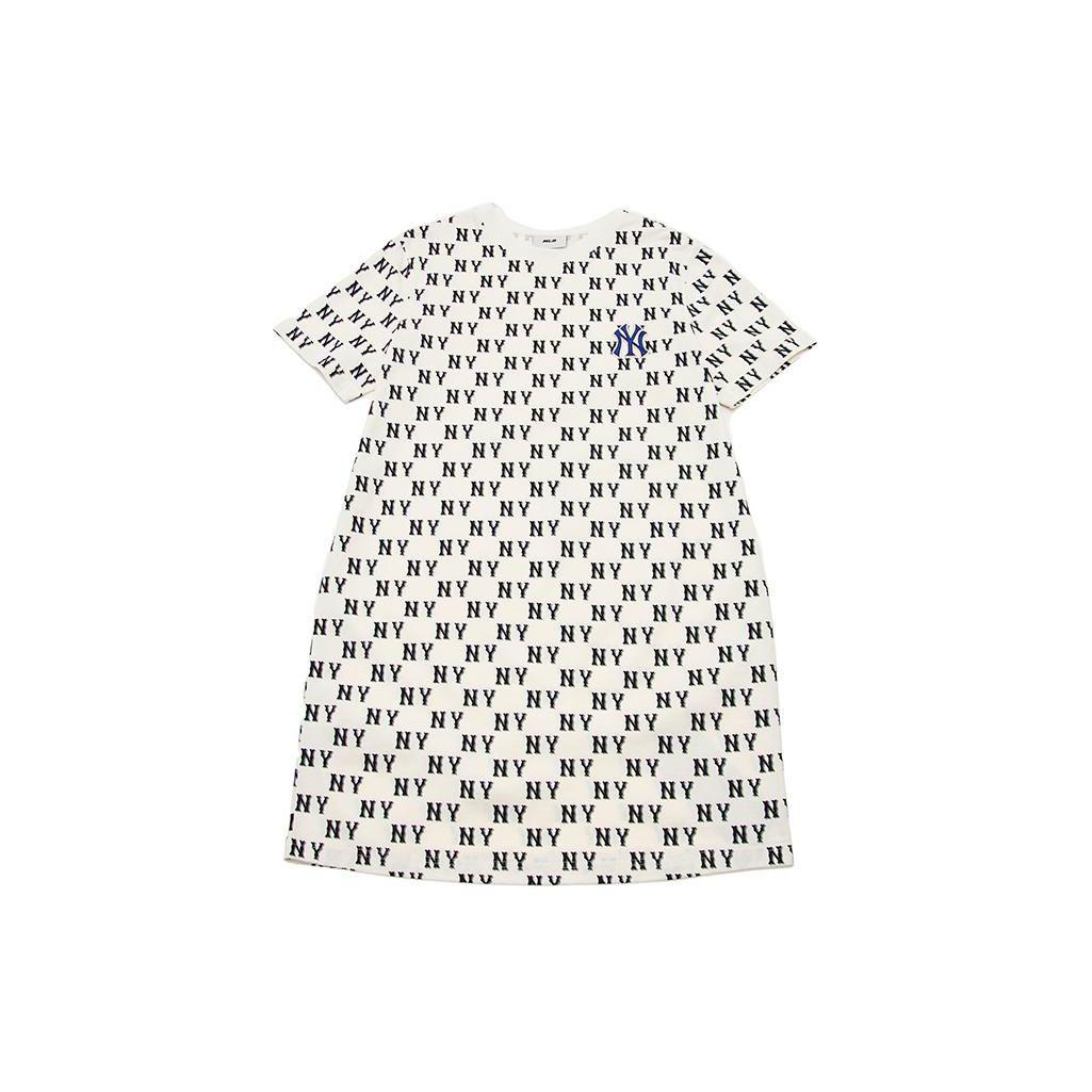 MLB New York Yankees SS24 Allover-Print Rundhals Bequemes lässiges Kurzarmkleid Damenkleider Creme 3FOPM0543-50CRS XS white