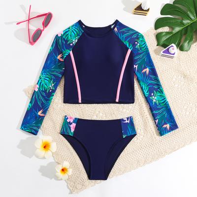 2Pcs Kids Girls  Print Swimsuits Beach Outfits Cartoon Print Tops  Set Beach Swimwear Bathing Suits