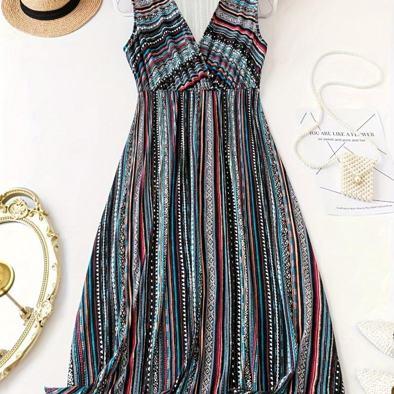 Striped Sleeveless Dress with Print 4XL