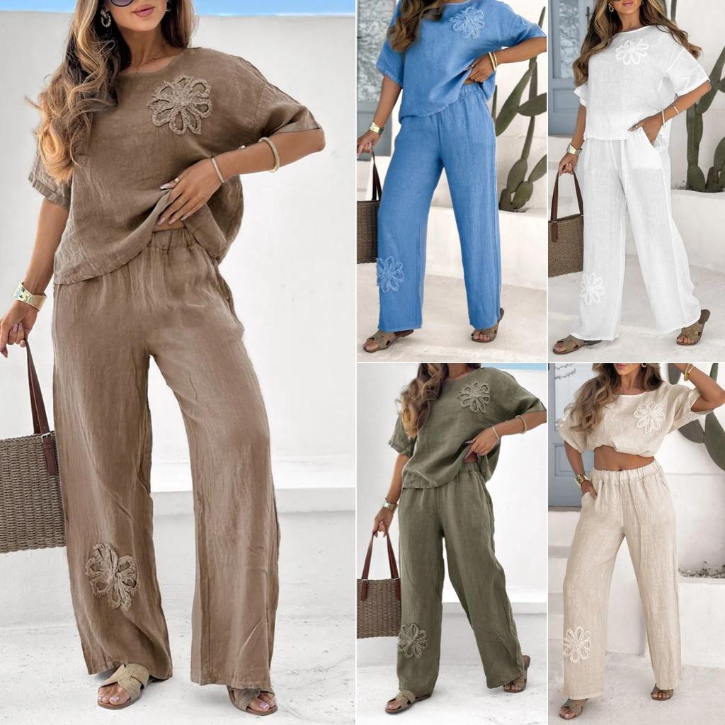 Women's Casual Short Sleeve Top and Wide Leg Pants Set with Floral Embroidery, Loose Fit Summer Outfit