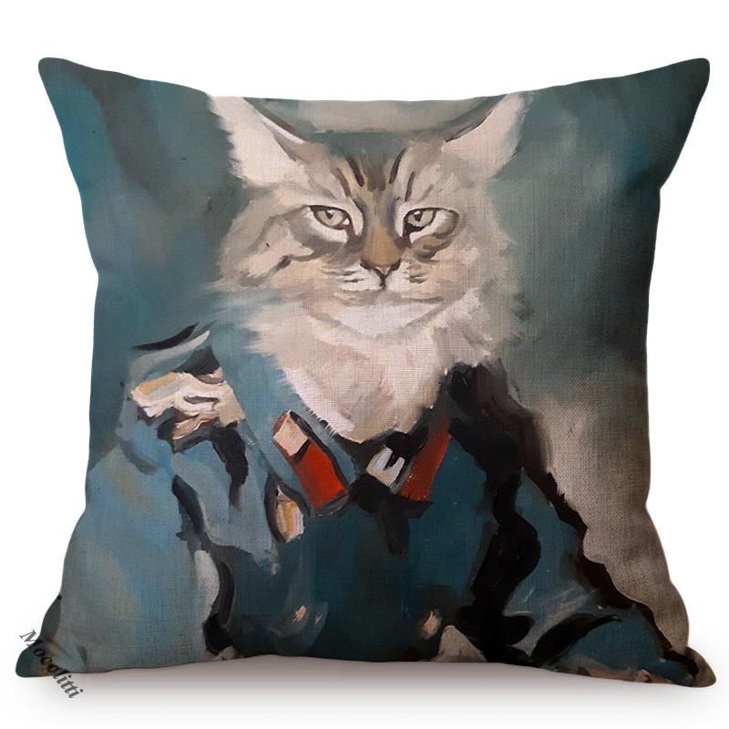 Cat Funky Portrait Style Sofa Decorative Throw Pillow Case Gentleman Animal Oil Painting Art Cotton Linen Cushion Cover Cojines
