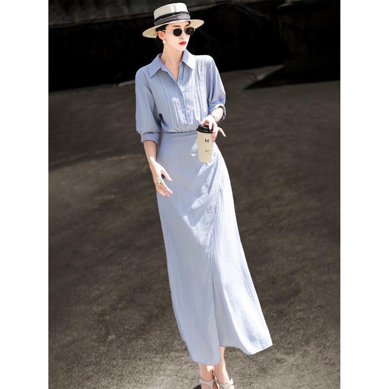 Lanse er Women s High-Waist A-Line Slit Shirt Dress L синий