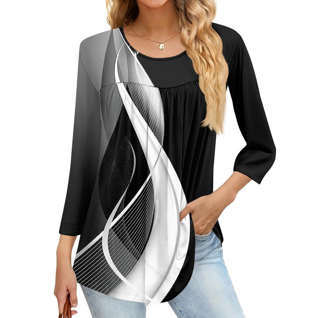 Women's Fashion Casual Three-quarter Sleeve Printed Round Neck Top