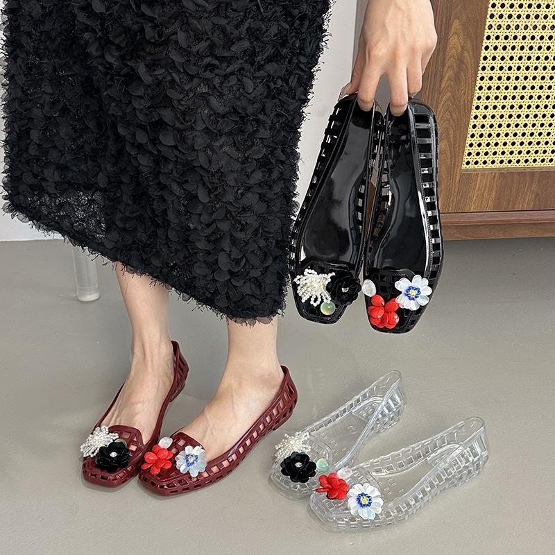 Fashion Transparent Crystal Jelly Sandals Hollow Out Slippers Korean Style Flat Shoes Women's Square Toe Shallow Slip on Ballet Loafers