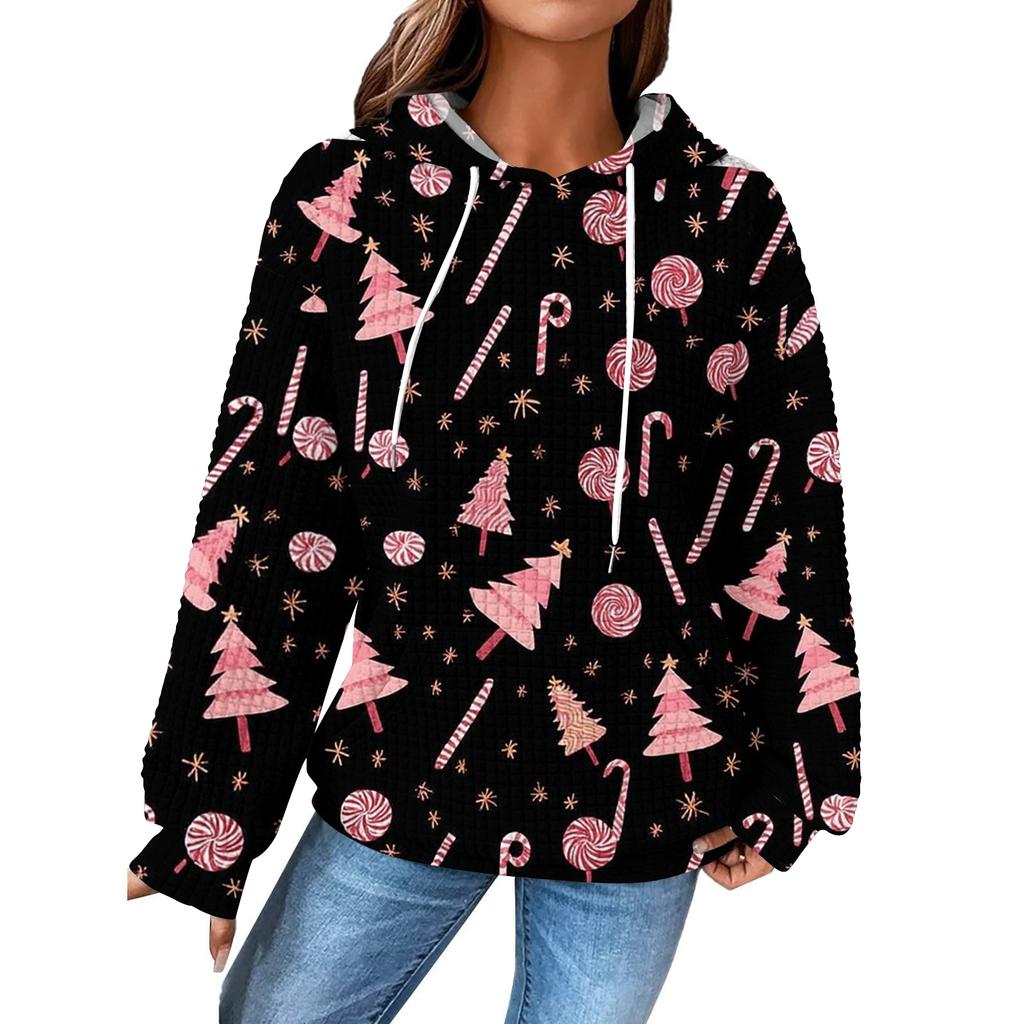 Women's Fashion Loose Hooded Pullover Long Sleeve Plaid Sweatshirt With Drawstring, Drop Shoulder, Pocket, Christmas Print Top