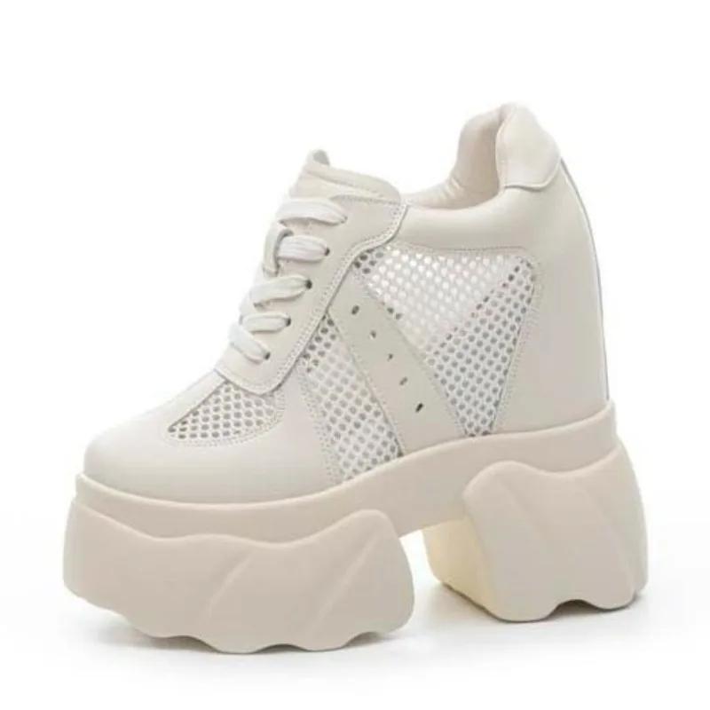 

12CM Women Summer Air Mesh Genuine Leather Shoes Vulcanize Platform Wedge Microfiber Ultra Platform Wedge Hollow Slides Sandals 40
