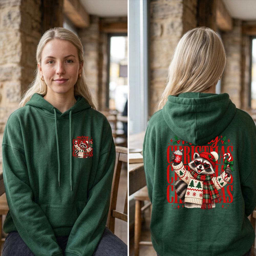 Merry Christmas Raccoon Hoodie Cute Heart Sunglasses Hot Cocoa Graphic Sweatshirt Winter Scarf Sweater Unisex Pullover Tops